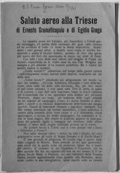 Saluto aereo alla Trieste di Ernesto Gramaticopulo e di Egidio Grego - Volantino